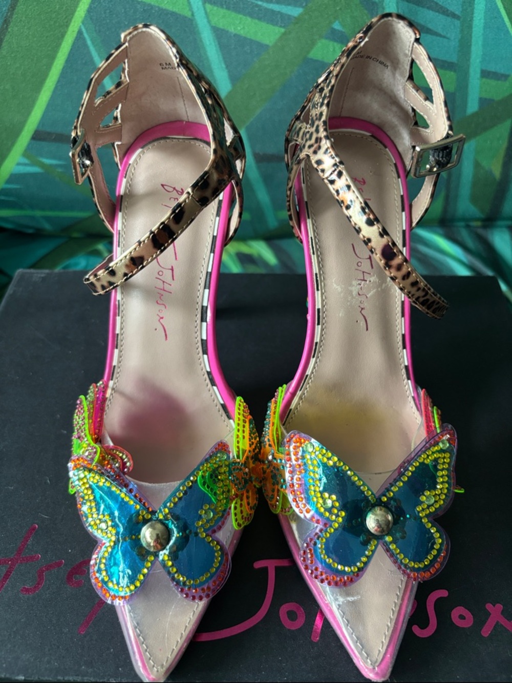 Betsey Johnson Leopard Print Strappy Heels with Rainbow Stripe Heel - Picture 5 of 15